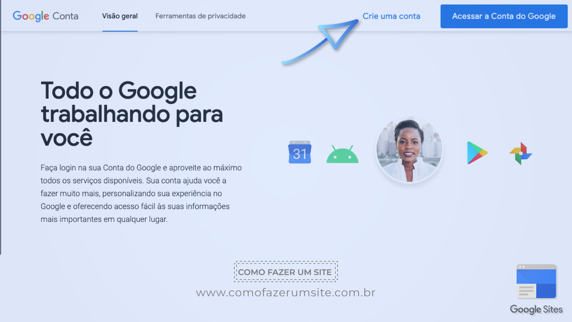 Criar conta google para criar site google