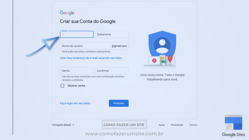 Criar conta google para criar site google