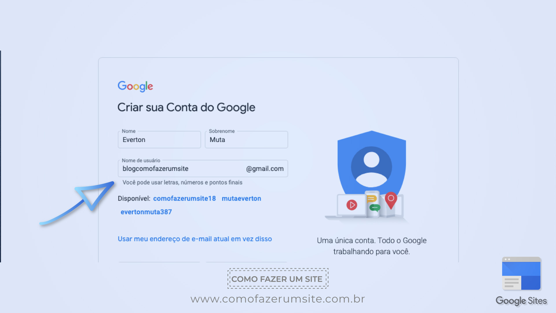 Criar conta google para criar site google